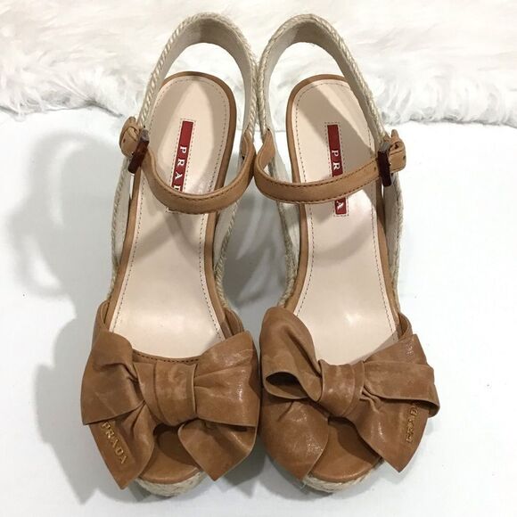 Prada Napa Aviator Bow Espadrille Sandal Wedges Size 36 - Picture 2 of 15
